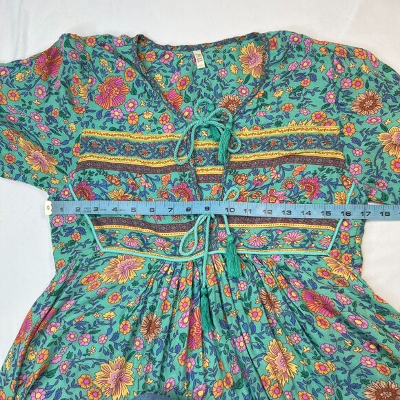 SPELL Folk Town Boho Midi Dress Turquoise Floral Long Sleeve RARE Small - Picture 11 of 16